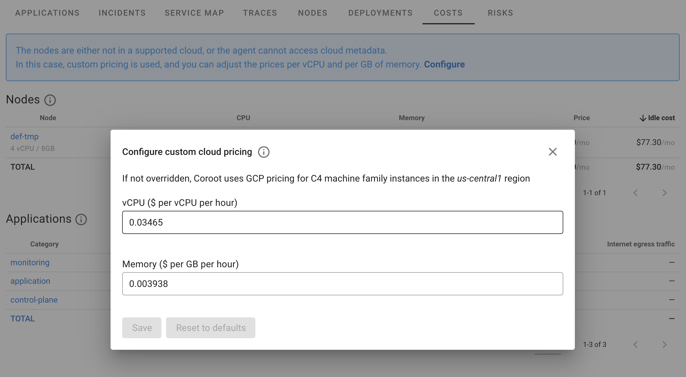 Custom Cloud Pricing Configuration