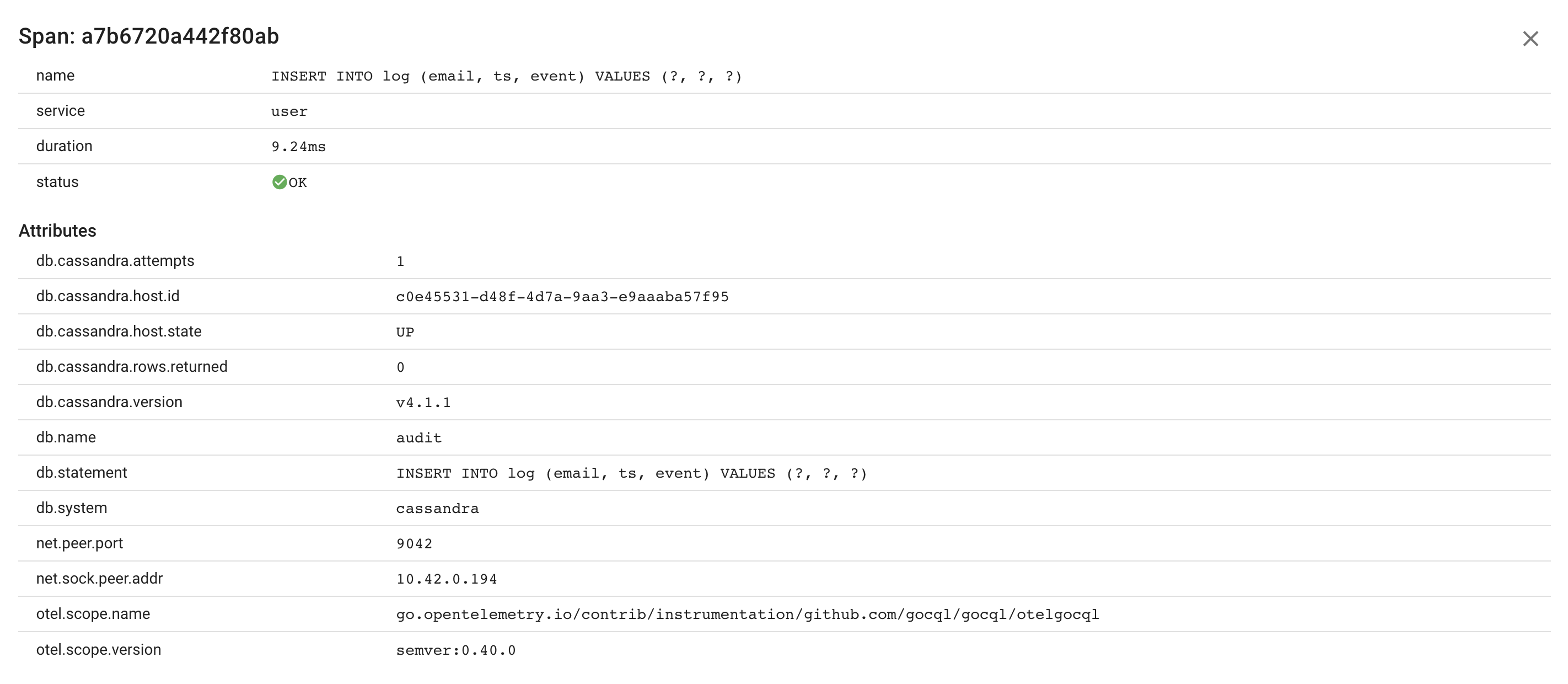 Go Cassandra client Span Attributes