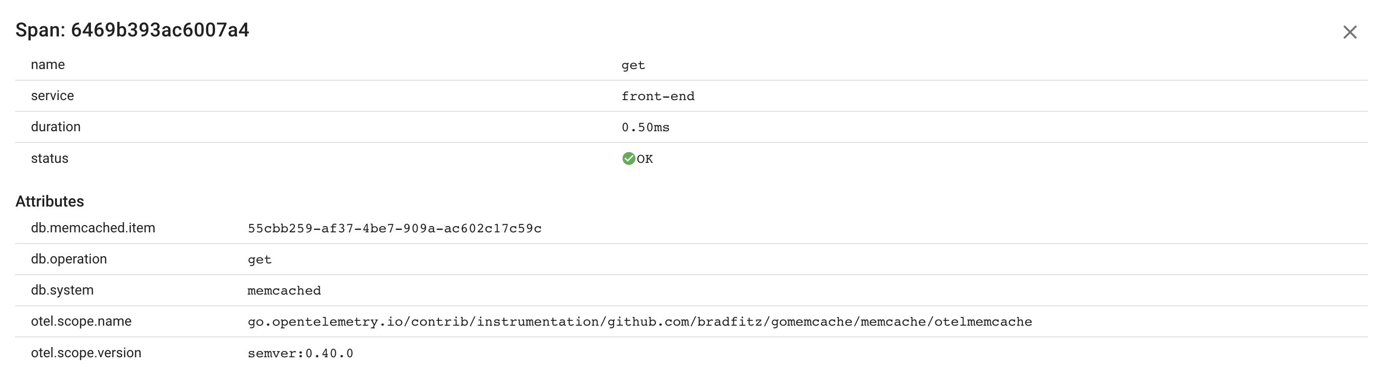 Go Memcached client Span Attributes