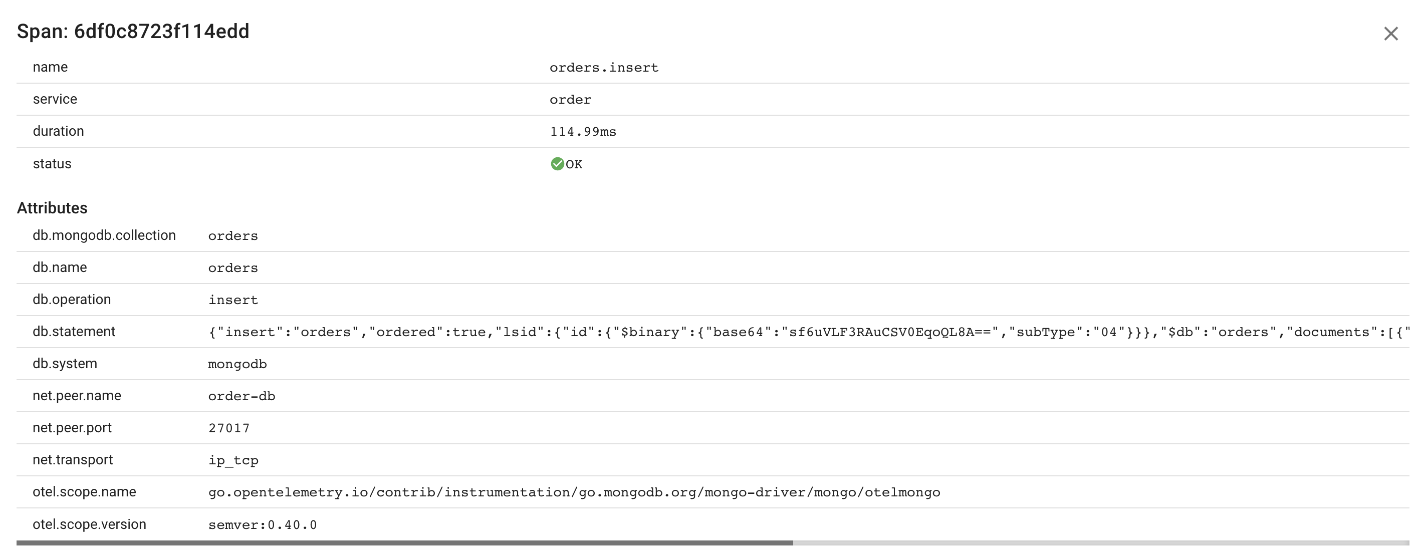 Go Mongodb client Span Attributes