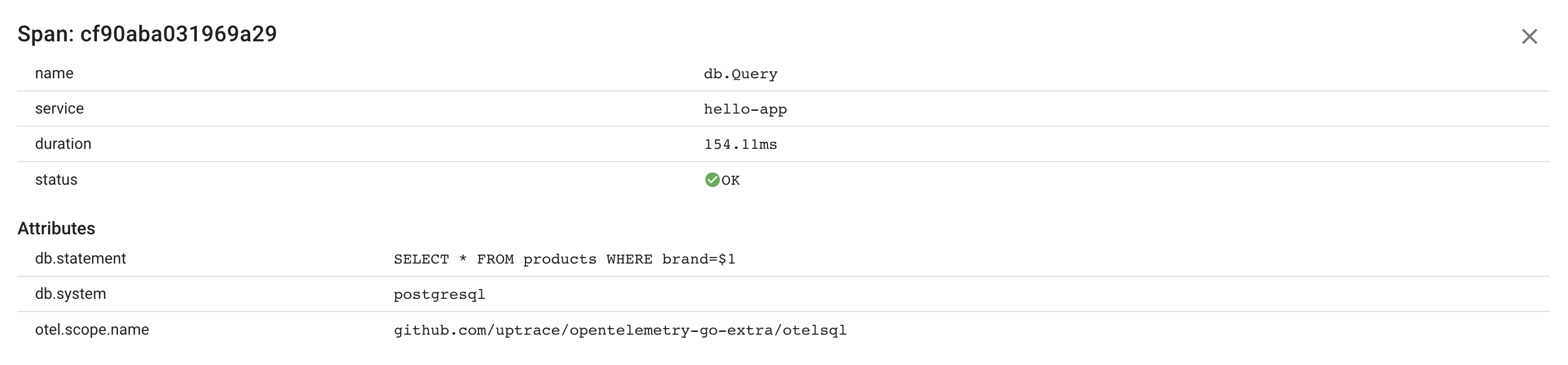 Go SQL client Span Attributes