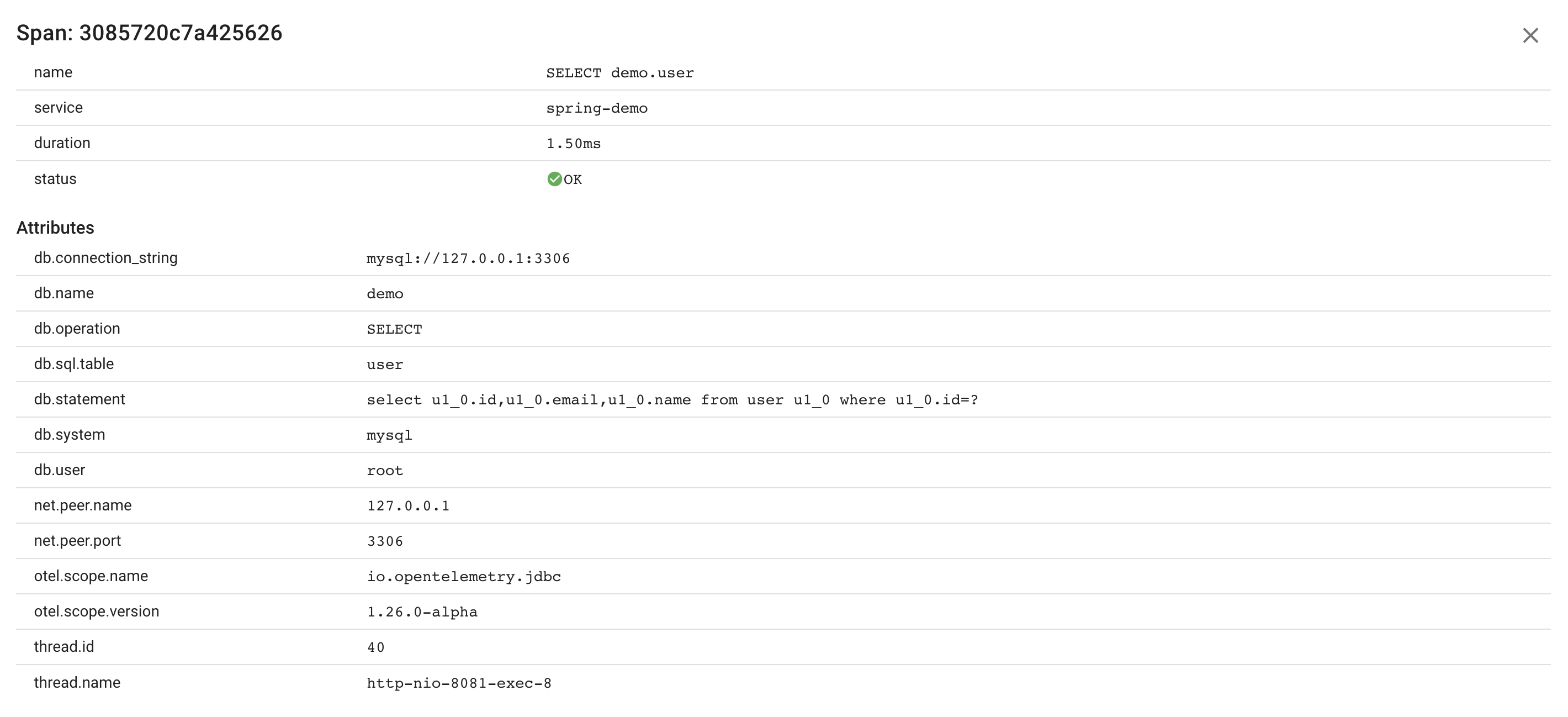 Java DB Call Span Attributes