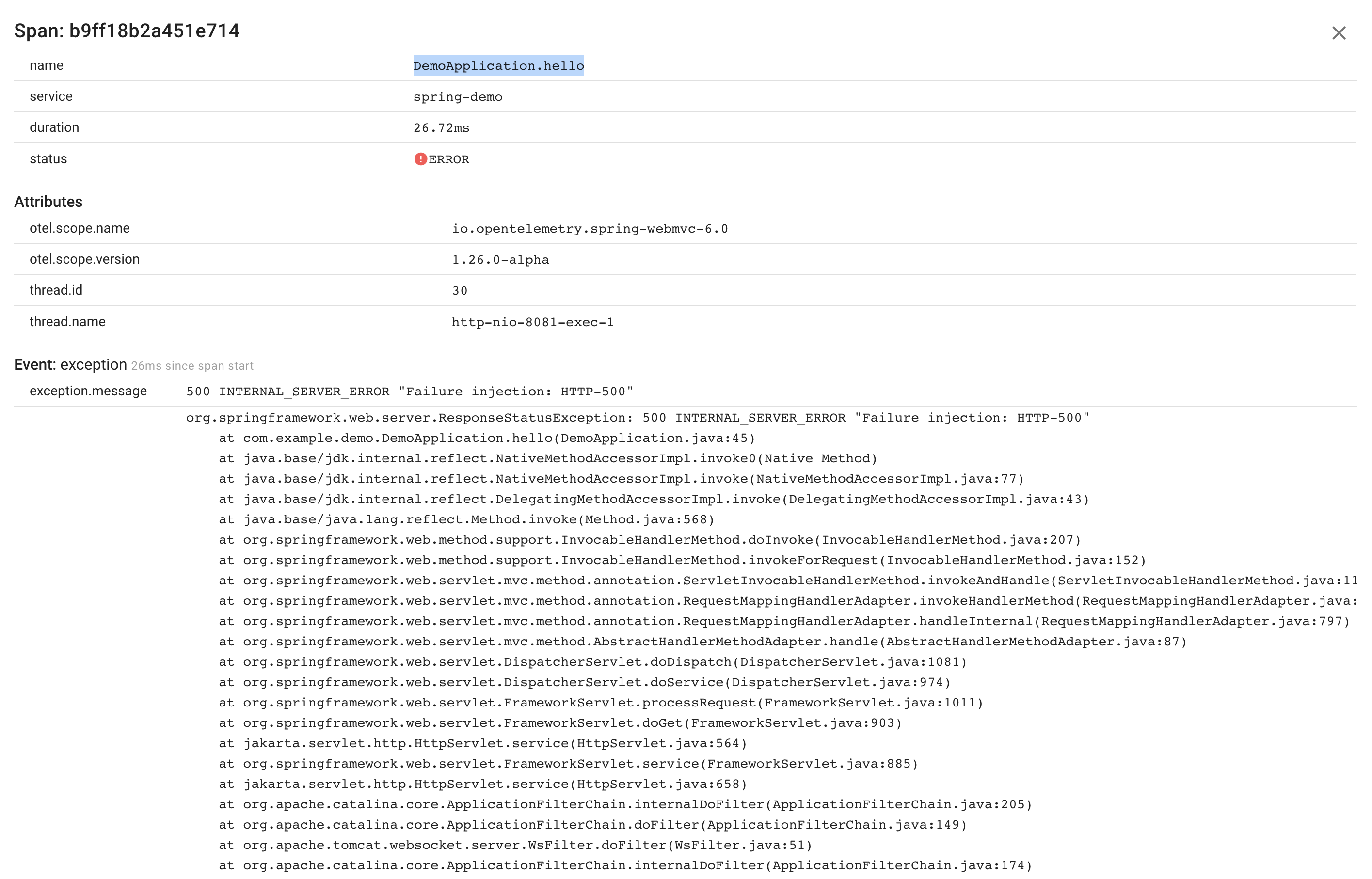 Java Error Span Attributes