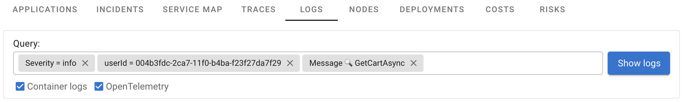 Coroot Log Filtering