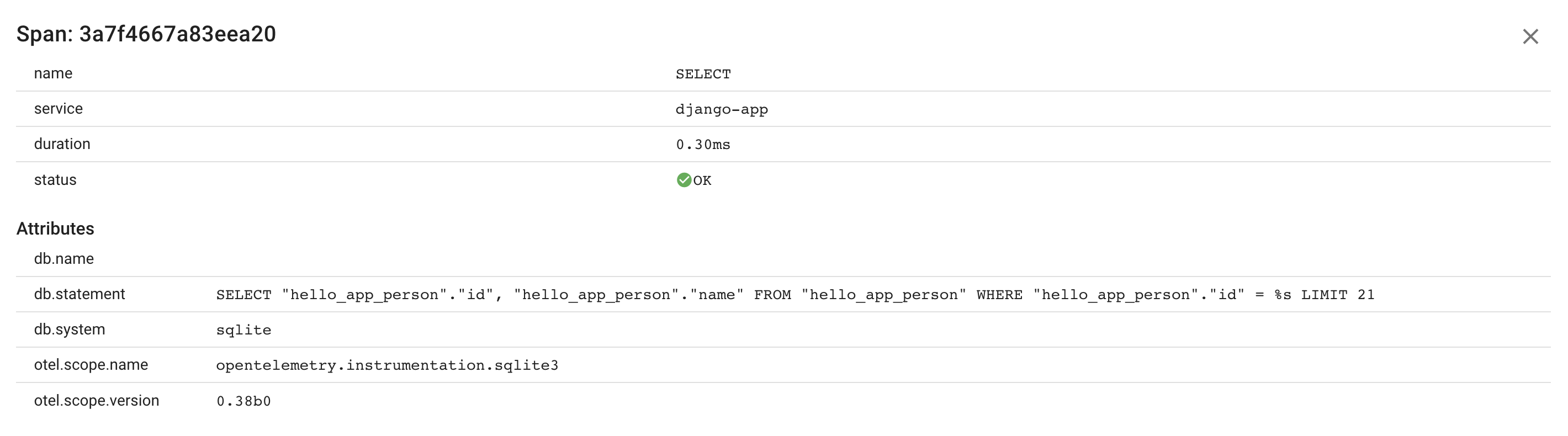 Python DB call span attributes