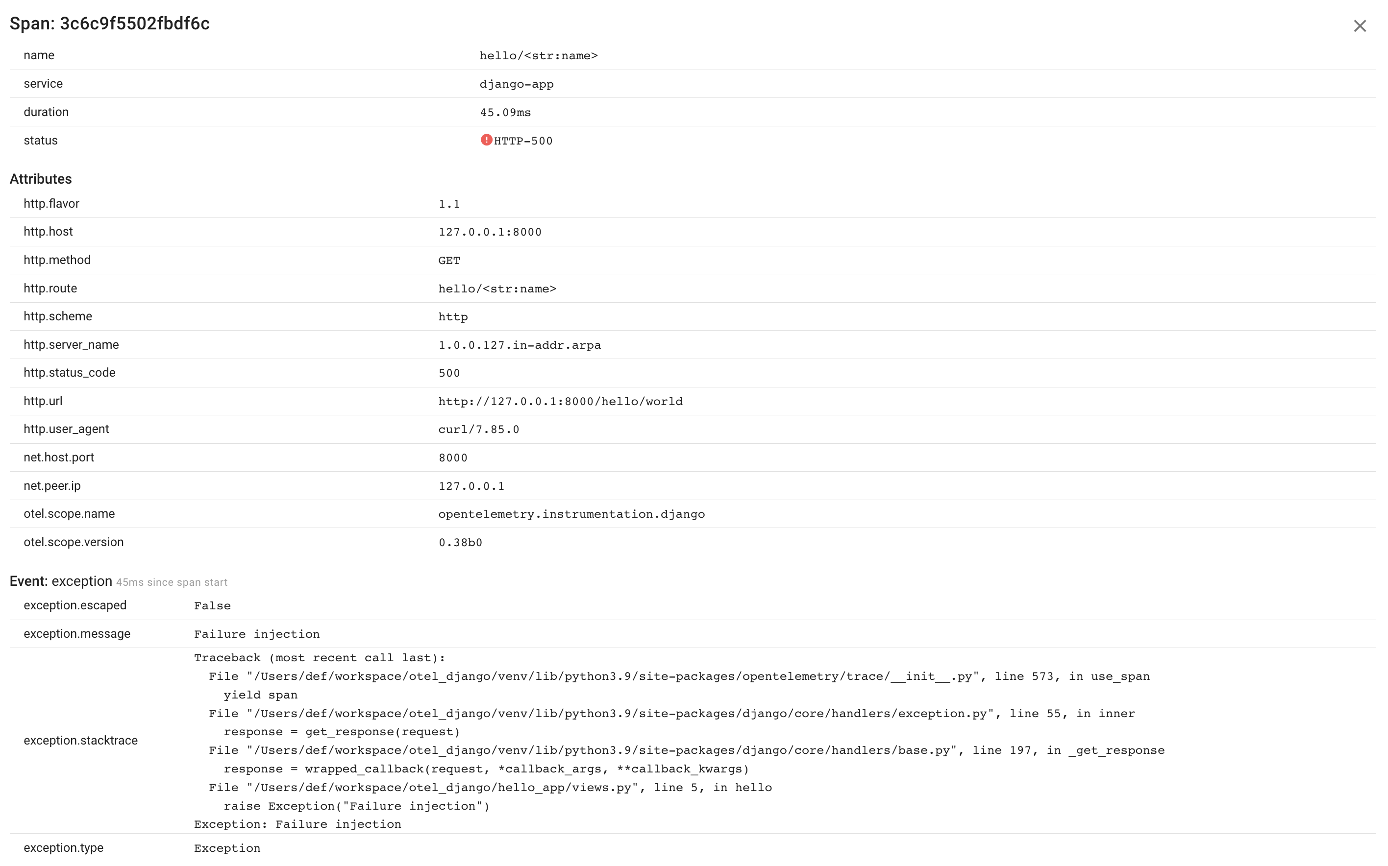 Python Error Span Attributes