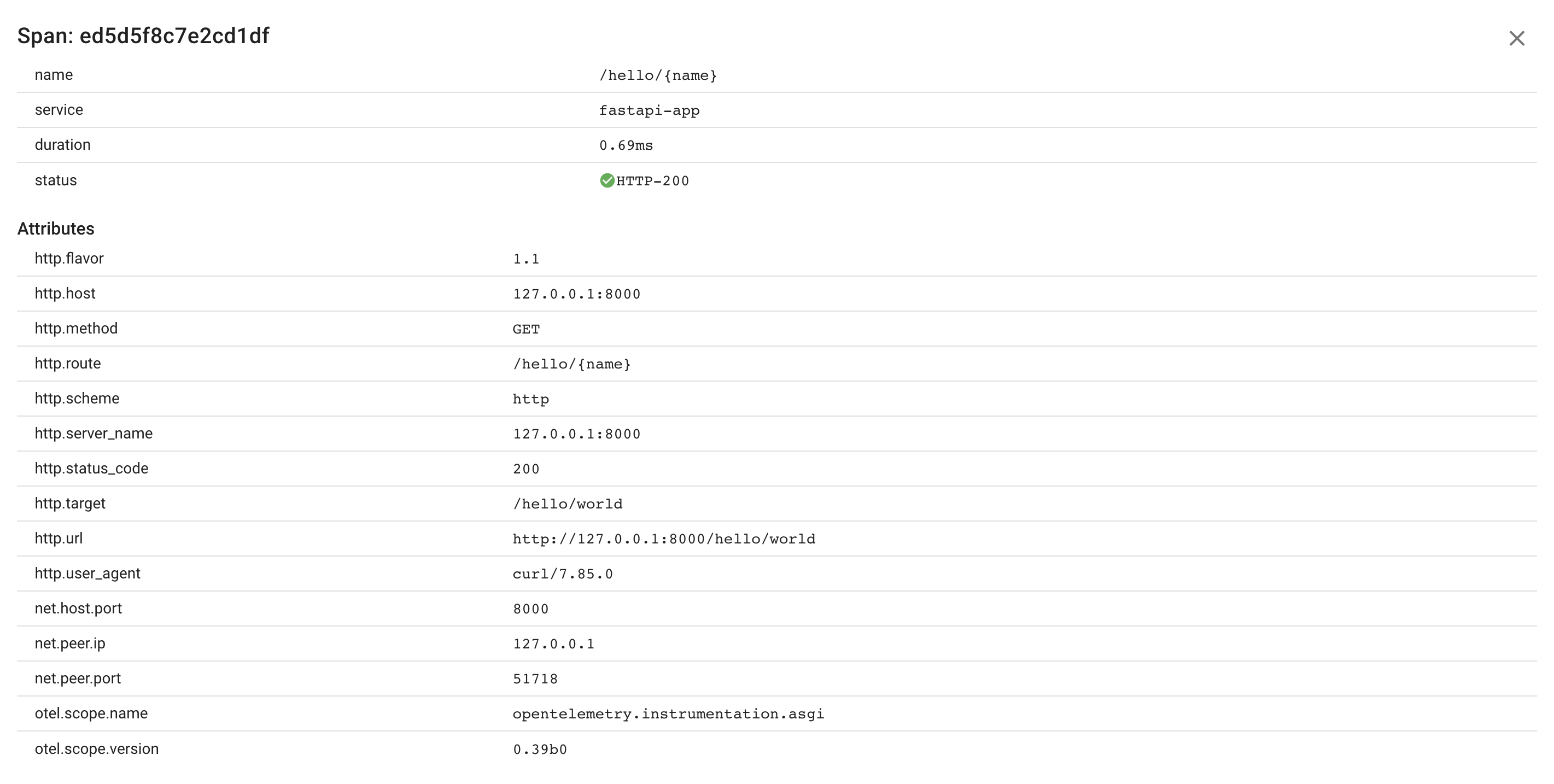 Python FastAPI server span attributes