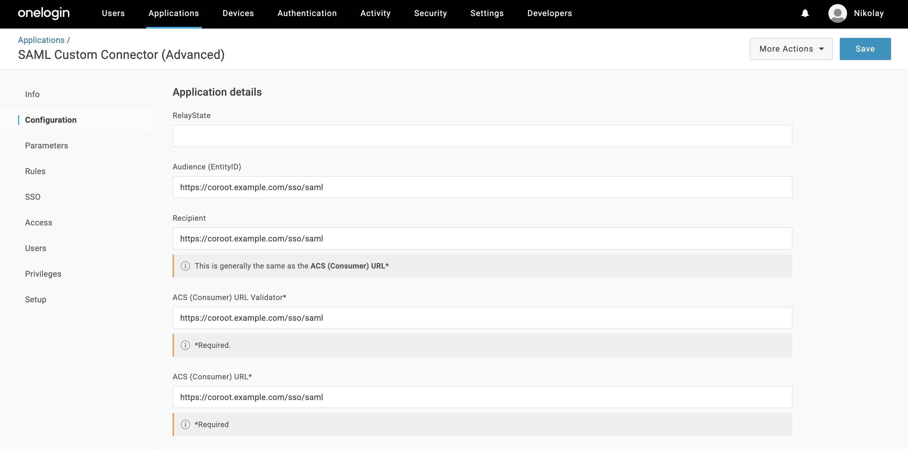 OneLogin SAML configuration