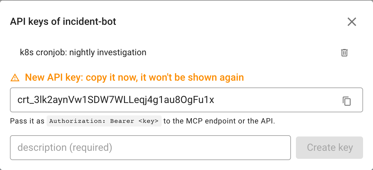API keys of a service account
