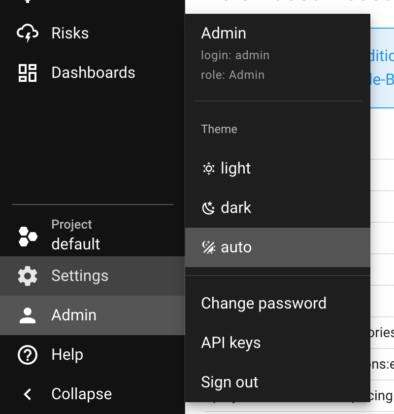 API keys in the user menu